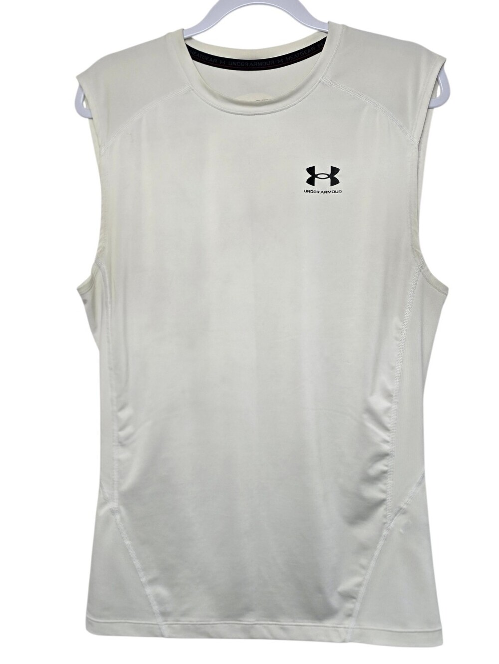 Under Armour HeatGear Compression Sleeveless Shirt Men's White Black Logo Sz XL